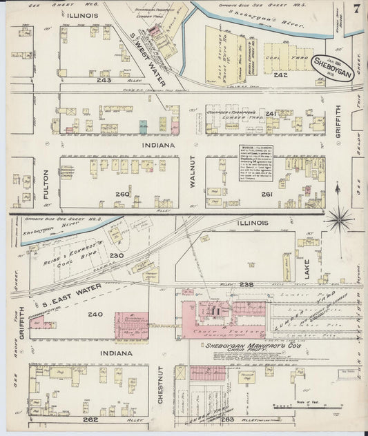 Sanborn Fire Insurance Map from Sheboygan, Sheboygan County, Wisconsin (1884), Sheet #0007 - Historic Sanborn Fire Insurance Map Print, vintage old map wall art, antique decor, genealogy gift, Wisconsin Wisconsin map