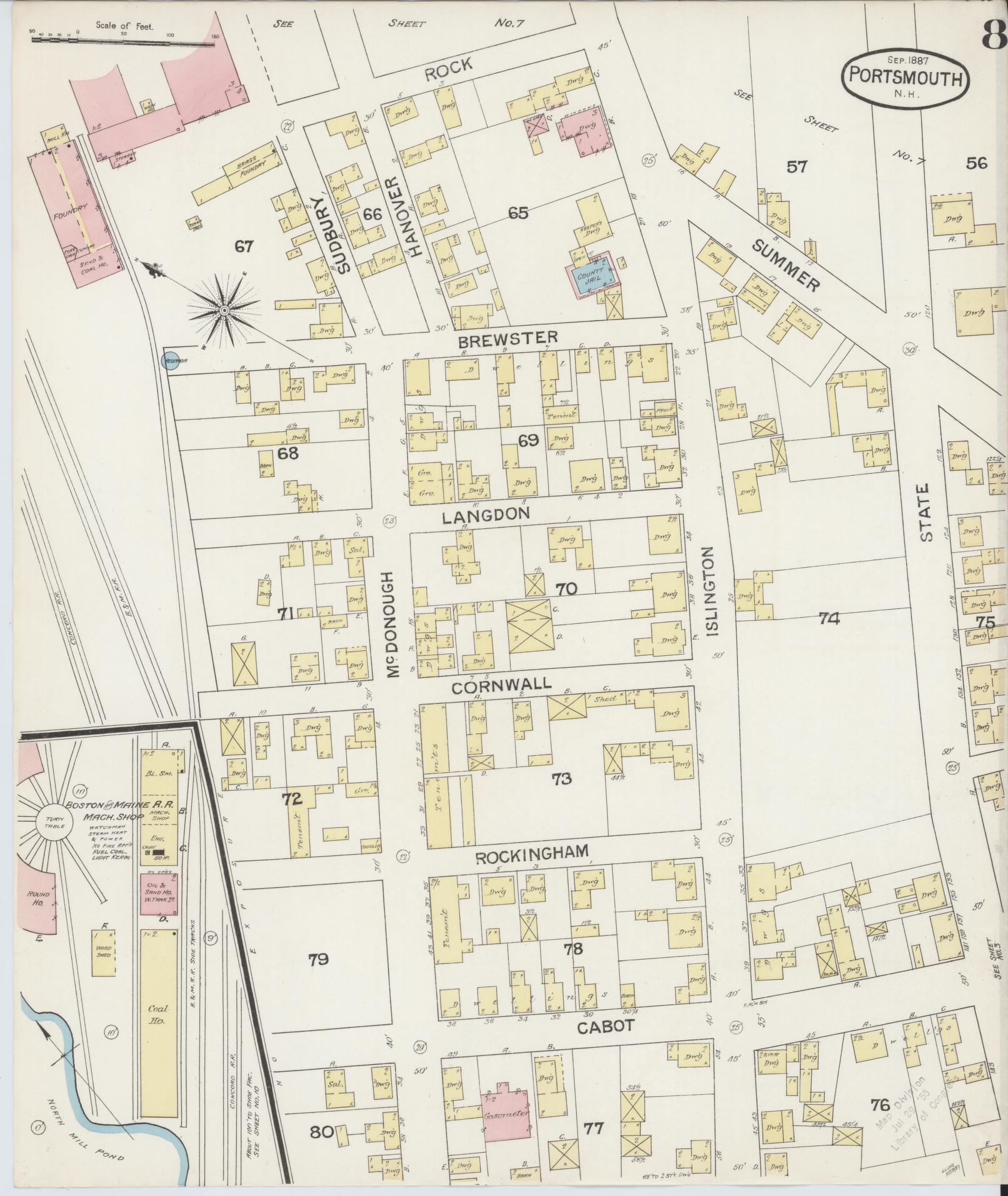 Sanborn Fire Insurance Map from Portsmouth, Rockingham County, New Hampshire (1887), Sheet #0008 - Historic Sanborn Fire Insurance Map Print, vintage old map wall art, antique decor, genealogy gift, New Hampshire New Hampshire map