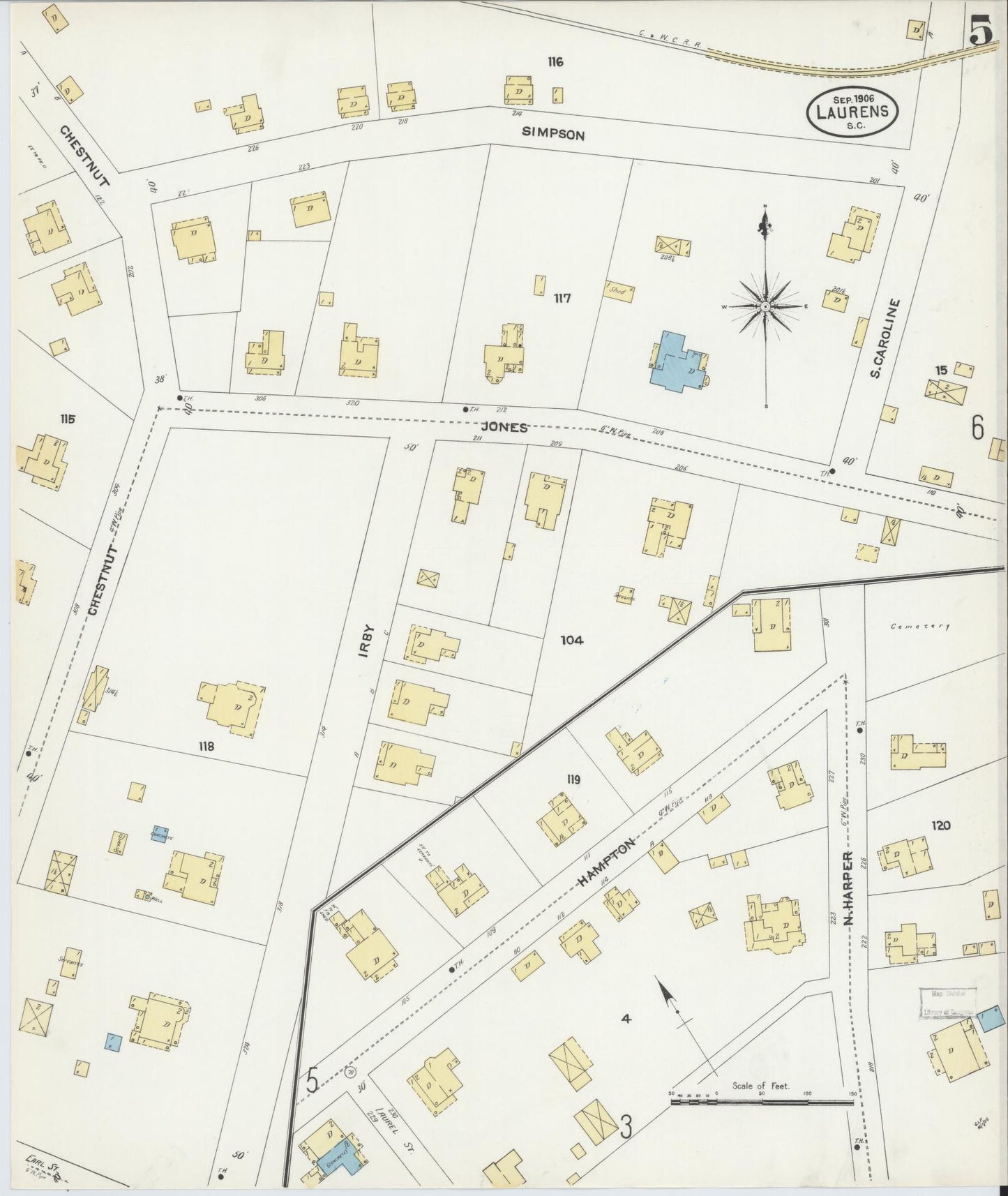 Sanborn Fire Insurance Map from Laurens, Laurens County, South Carolina (1906), Sheet #0005 - Historic Sanborn Fire Insurance Map Print, vintage old map wall art, antique decor, genealogy gift, South Carolina South Carolina map