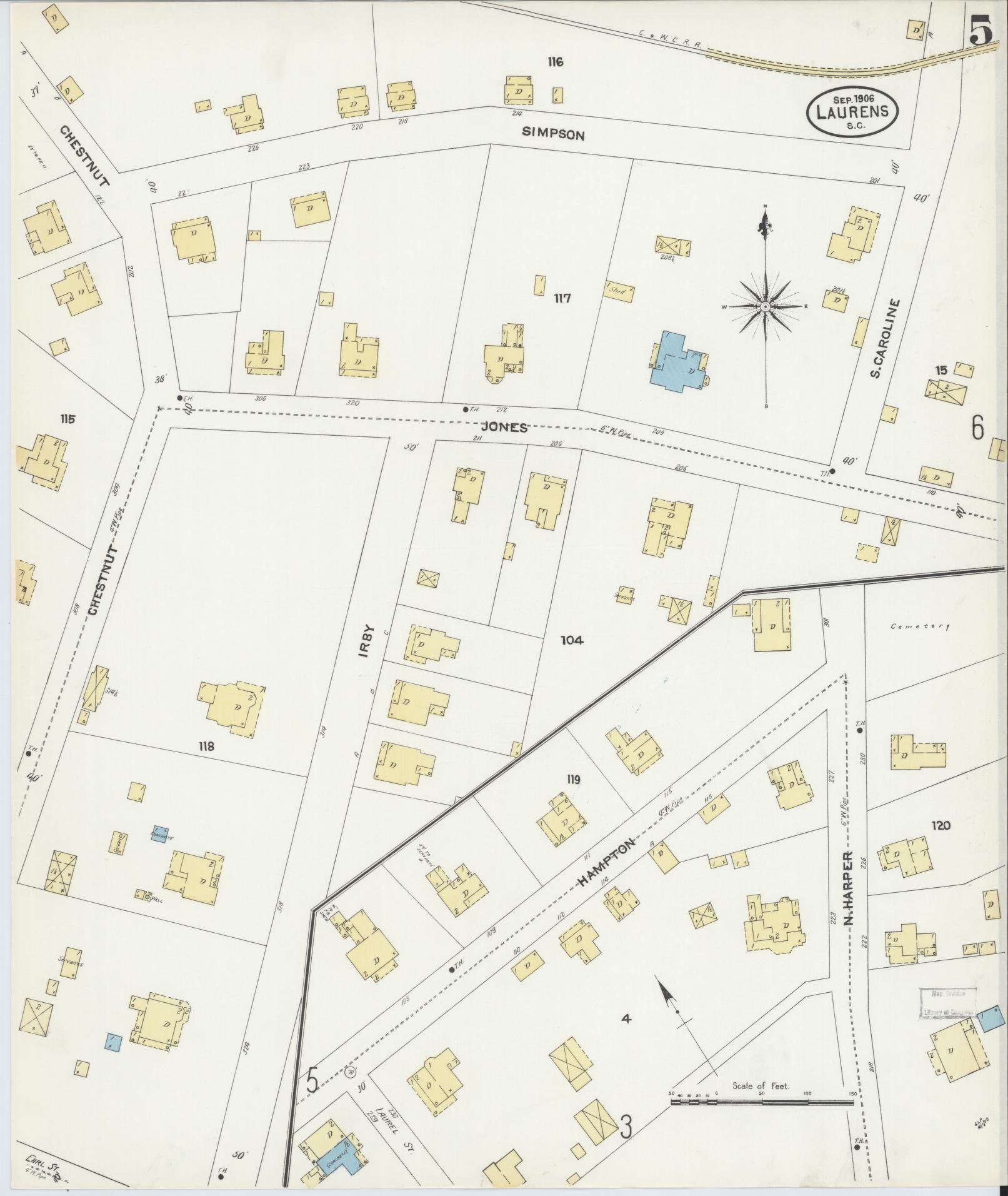 Sanborn Fire Insurance Map from Laurens, Laurens County, South Carolina (1906), Sheet #0005 - Historic Sanborn Fire Insurance Map Print, vintage old map wall art, antique decor, genealogy gift, South Carolina South Carolina map