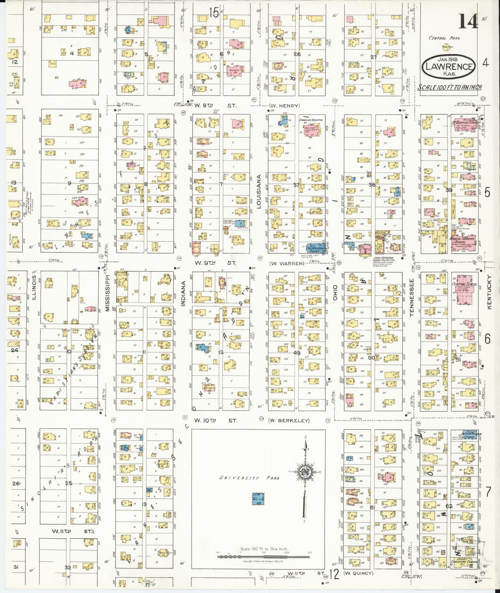 Sanborn Fire Insurance Map from Lawrence, Douglas County, Kansas (1918), Sheet #0014 - Historic Sanborn Fire Insurance Map Print, vintage old map wall art, antique decor, genealogy gift, Kansas Kansas map