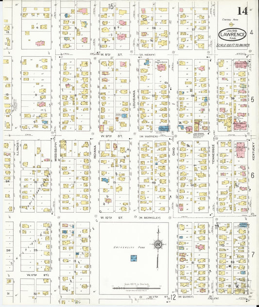 Sanborn Fire Insurance Map from Lawrence, Douglas County, Kansas (1918), Sheet #0014 - Historic Sanborn Fire Insurance Map Print, vintage old map wall art, antique decor, genealogy gift, Kansas Kansas map