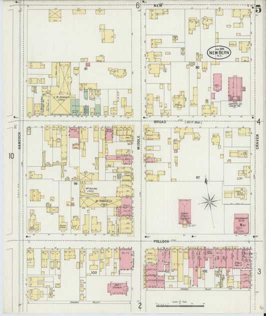 Sanborn Fire Insurance Map from New Bern, Craven County, North Carolina (1898), Sheet #0005 - Historic Sanborn Fire Insurance Map Print, vintage old map wall art, antique decor, genealogy gift, North Carolina North Carolina map