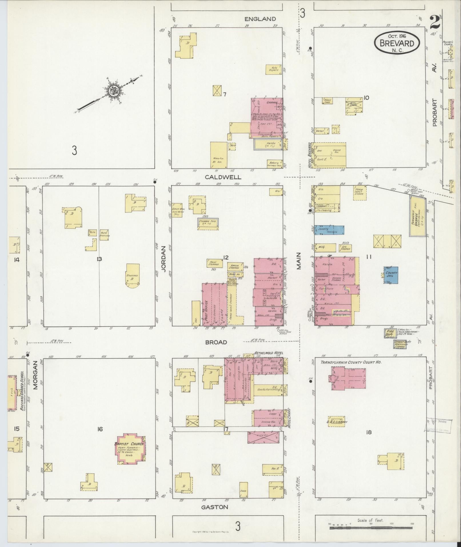 Sanborn Fire Insurance Map from Brevard, Transylvania County, North Carolina (1916), Sheet #0002 - Complete Map Set gallery image, historic Sanborn map, vintage wall art, North Carolina North Carolina