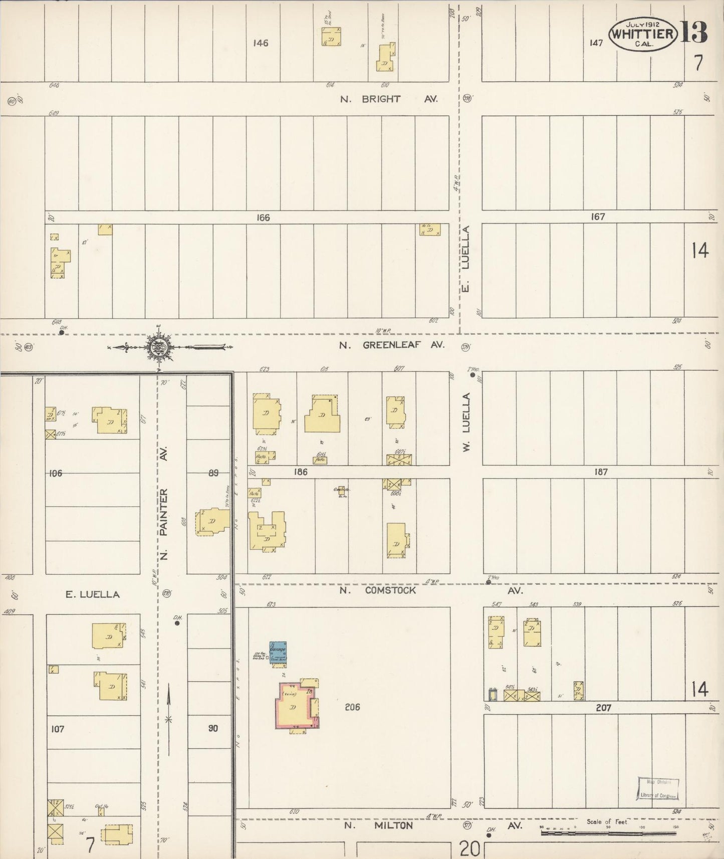 Sanborn Fire Insurance Map from Whittier, Los Angeles County, California (1912), Sheet #0013 - Complete Map Set gallery image, historic Sanborn map, vintage wall art, California California