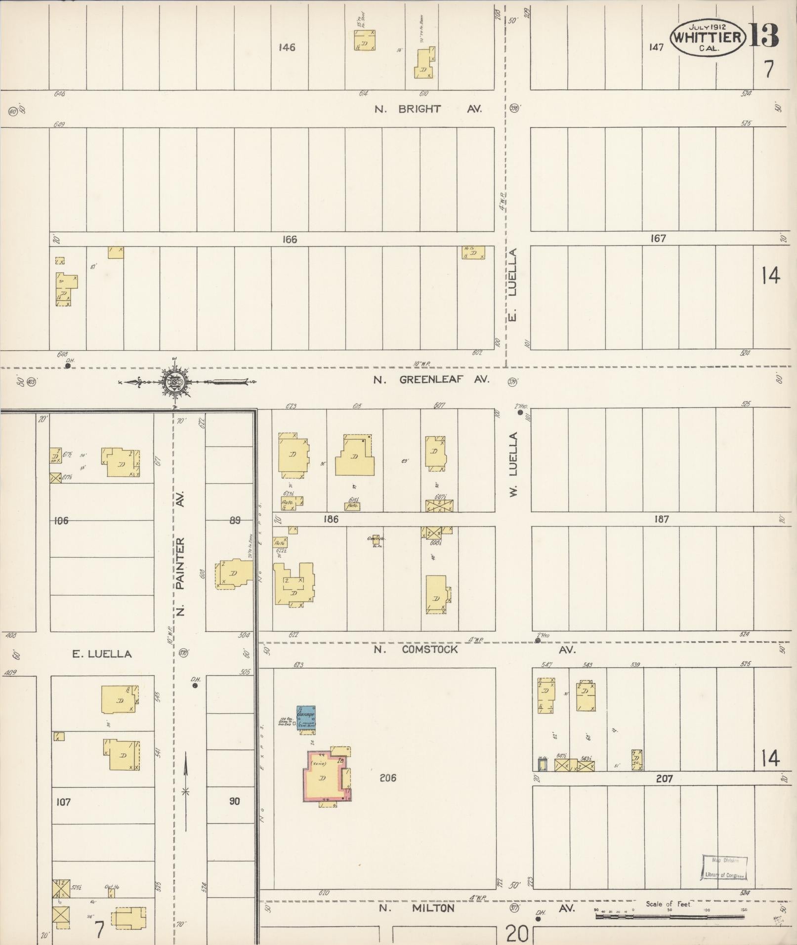 Sanborn Fire Insurance Map from Whittier, Los Angeles County, California (1912), Sheet #0013 - Complete Map Set gallery image, historic Sanborn map, vintage wall art, California California