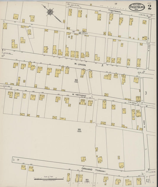 Sanborn Fire Insurance Map from Frostburg, Allegany County, Maryland (1922), Sheet #0002 - Historic Sanborn Fire Insurance Map Print, vintage old map wall art