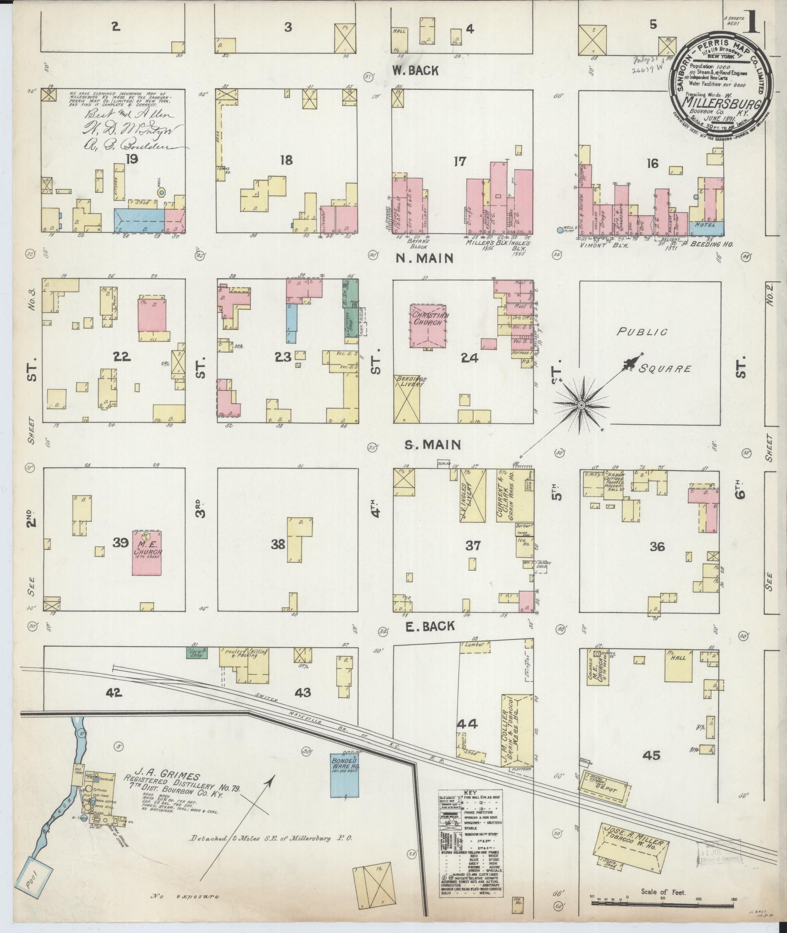 Sanborn Fire Insurance Map from Millersburg, Bourbon County, Kentucky (1891), Sheet #0001 - Complete Map Set gallery image, historic Sanborn map, vintage wall art, Kentucky Kentucky