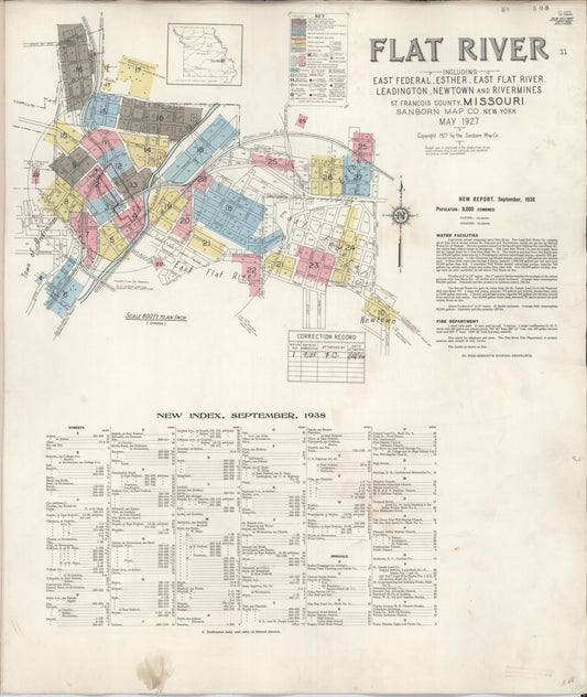 Sanborn Fire Insurance Map from Flat River, Saint Francois County, Missouri (1938), Sheet #0001 - Complete Map Set gallery image, historic Sanborn map, vintage wall art, Missouri Missouri