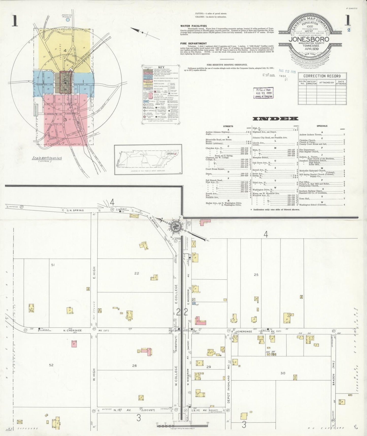 Sanborn Fire Insurance Map from Jonesboro, Washington County, Tennessee. (1939) – Historic Sanborn Fire Insurance Map Print