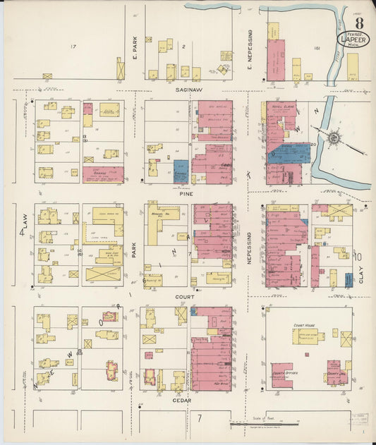 Sanborn Fire Insurance Map from Lapeer, Lapeer County, Michigan (1922), Sheet #0008 - Historic Sanborn Fire Insurance Map Print, vintage old map wall art, antique decor, genealogy gift, Michigan Michigan map