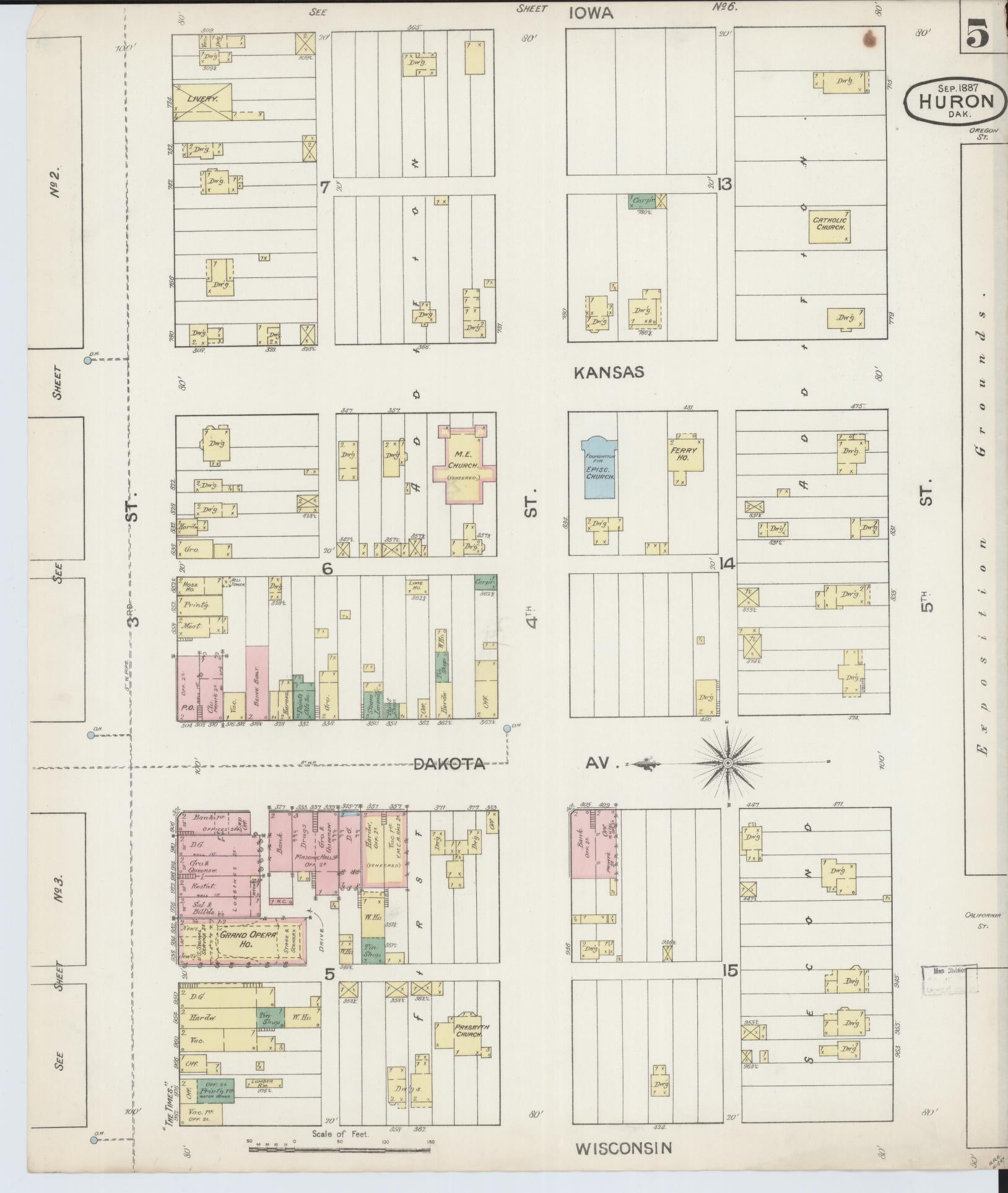 Sanborn Fire Insurance Map from Huron, Beadle County, South Dakota (1887), Sheet #0005 - Complete Map Set gallery image, historic Sanborn map, vintage wall art, South Dakota South Dakota