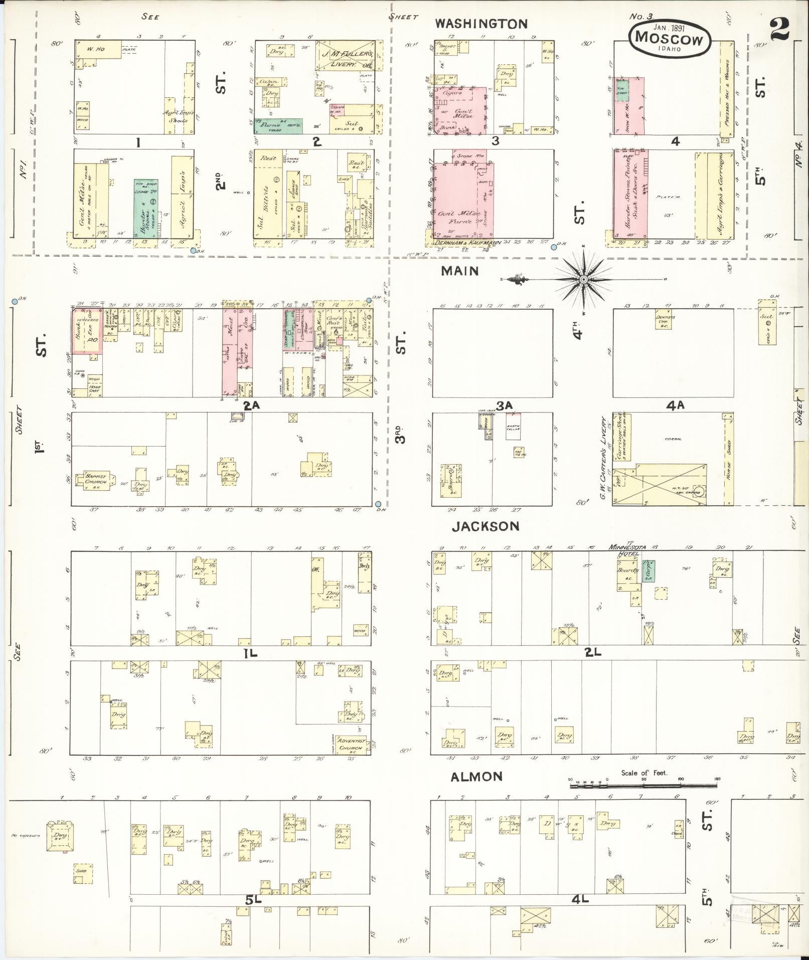 Sanborn Fire Insurance Map from Moscow, Latah County, Idaho (1891), Sheet #0002 - Complete Map Set gallery image, historic Sanborn map, vintage wall art, Idaho Idaho