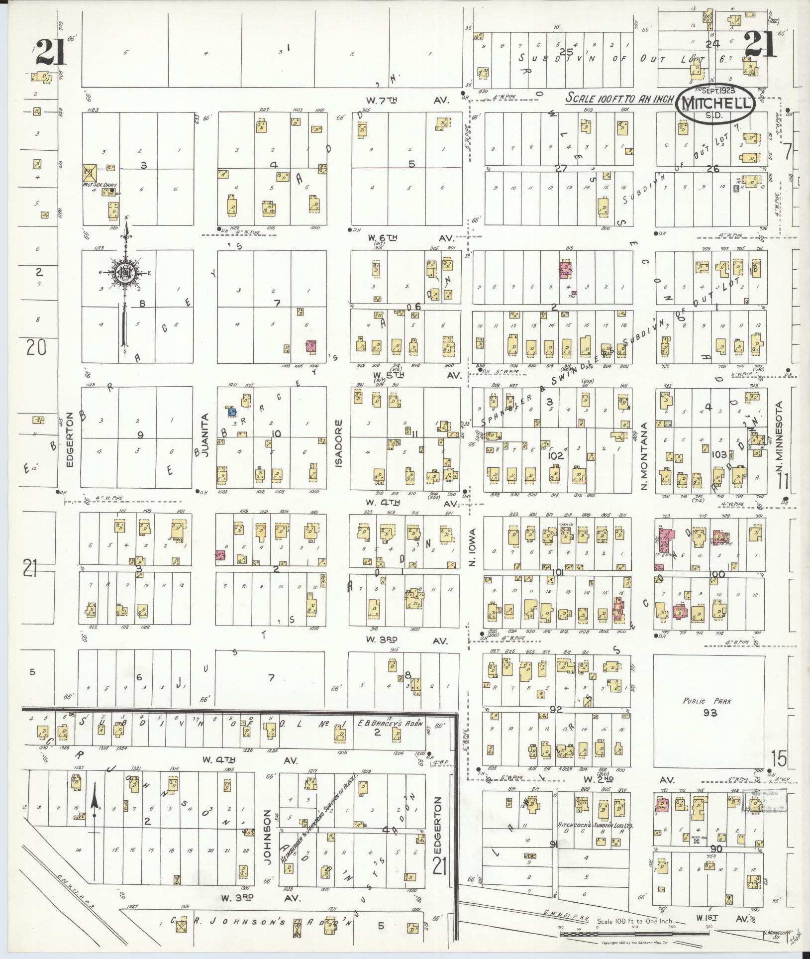 Sanborn Fire Insurance Map from Mitchell, Davison County, South Dakota (1923), Sheet #0021 - Historic Sanborn Fire Insurance Map Print, vintage old map wall art, antique decor, genealogy gift, South Dakota South Dakota map