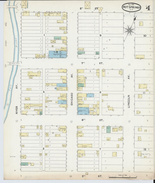 Sanborn Fire Insurance Map from Hot Springs, Fall River County, South Dakota (1891), Sheet #0004 - Historic Sanborn Fire Insurance Map Print, vintage old map wall art, antique decor, genealogy gift, South Dakota South Dakota map