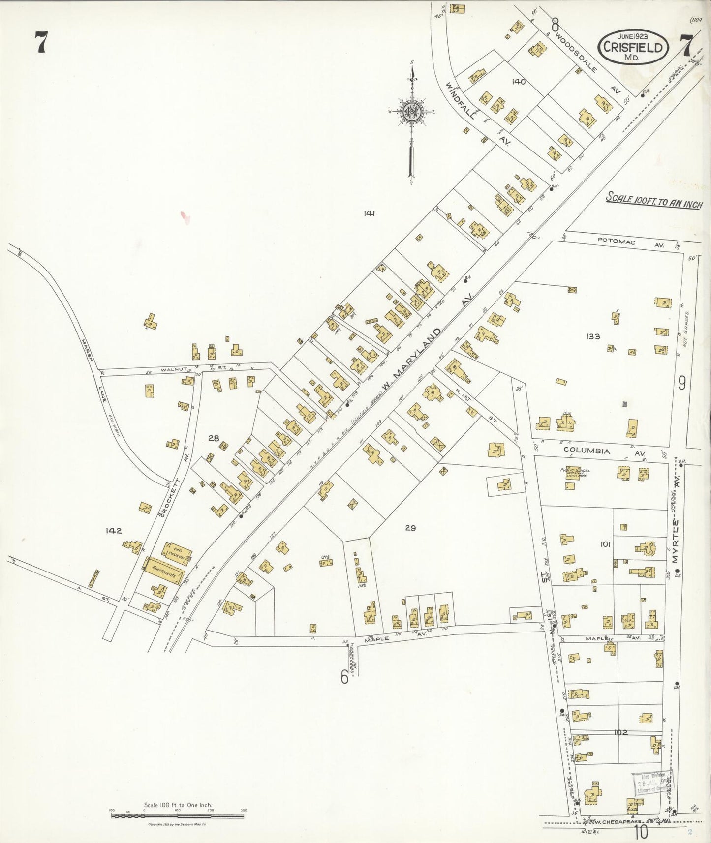 Sanborn Fire Insurance Map from Crisfield, Somerset County, Maryland (1923), Sheet #0007 - Historic Sanborn Fire Insurance Map Print, vintage old map wall art, antique decor, genealogy gift, Maryland Maryland map