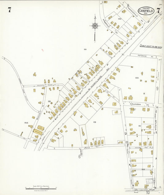Sanborn Fire Insurance Map from Crisfield, Somerset County, Maryland (1923), Sheet #0007 - Historic Sanborn Fire Insurance Map Print, vintage old map wall art, antique decor, genealogy gift, Maryland Maryland map