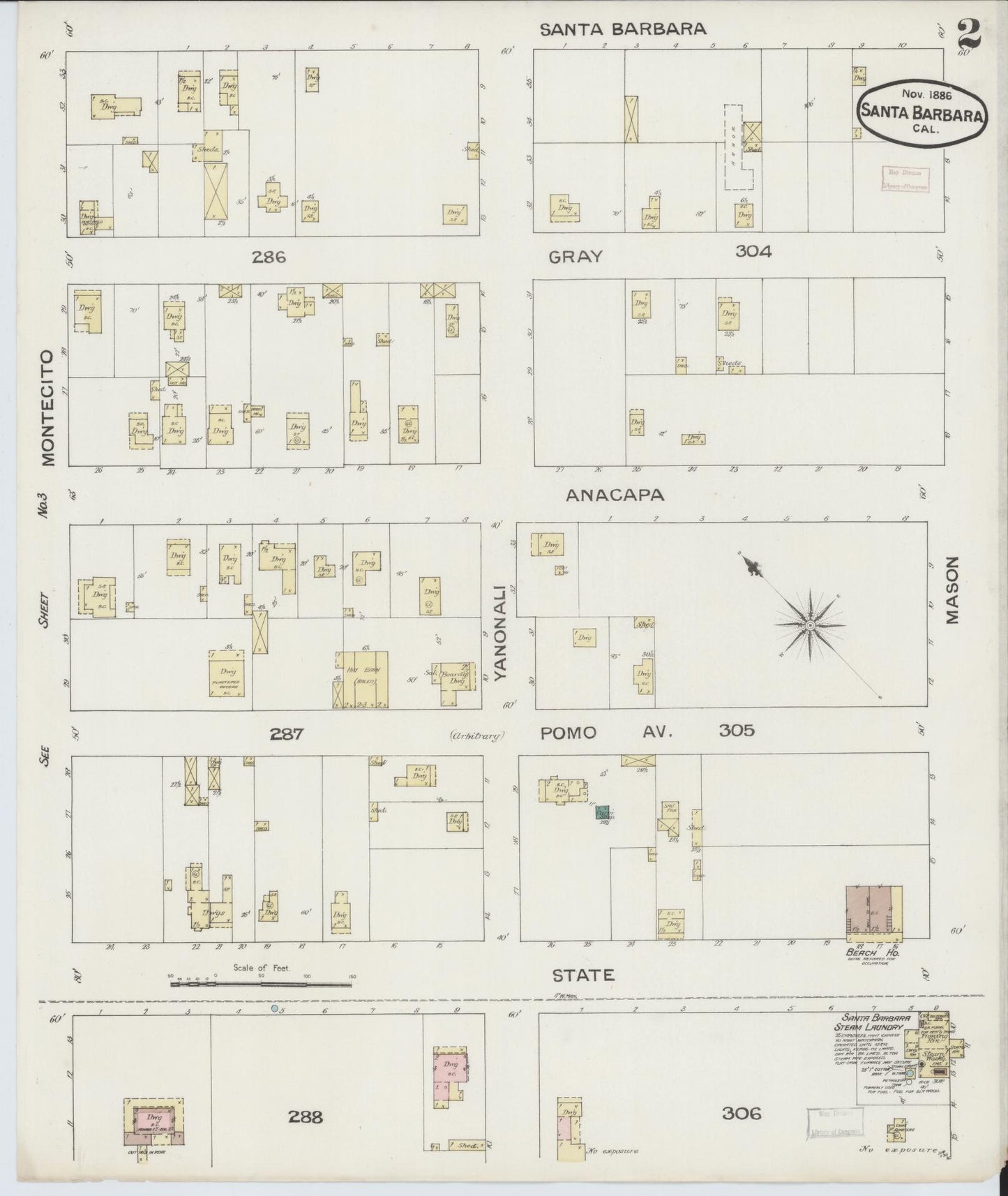 Sanborn Fire Insurance Map from Santa Barbara, Santa Barbara County, California (1886), Sheet #0002 - Complete Map Set gallery image, historic Sanborn map, vintage wall art, California California