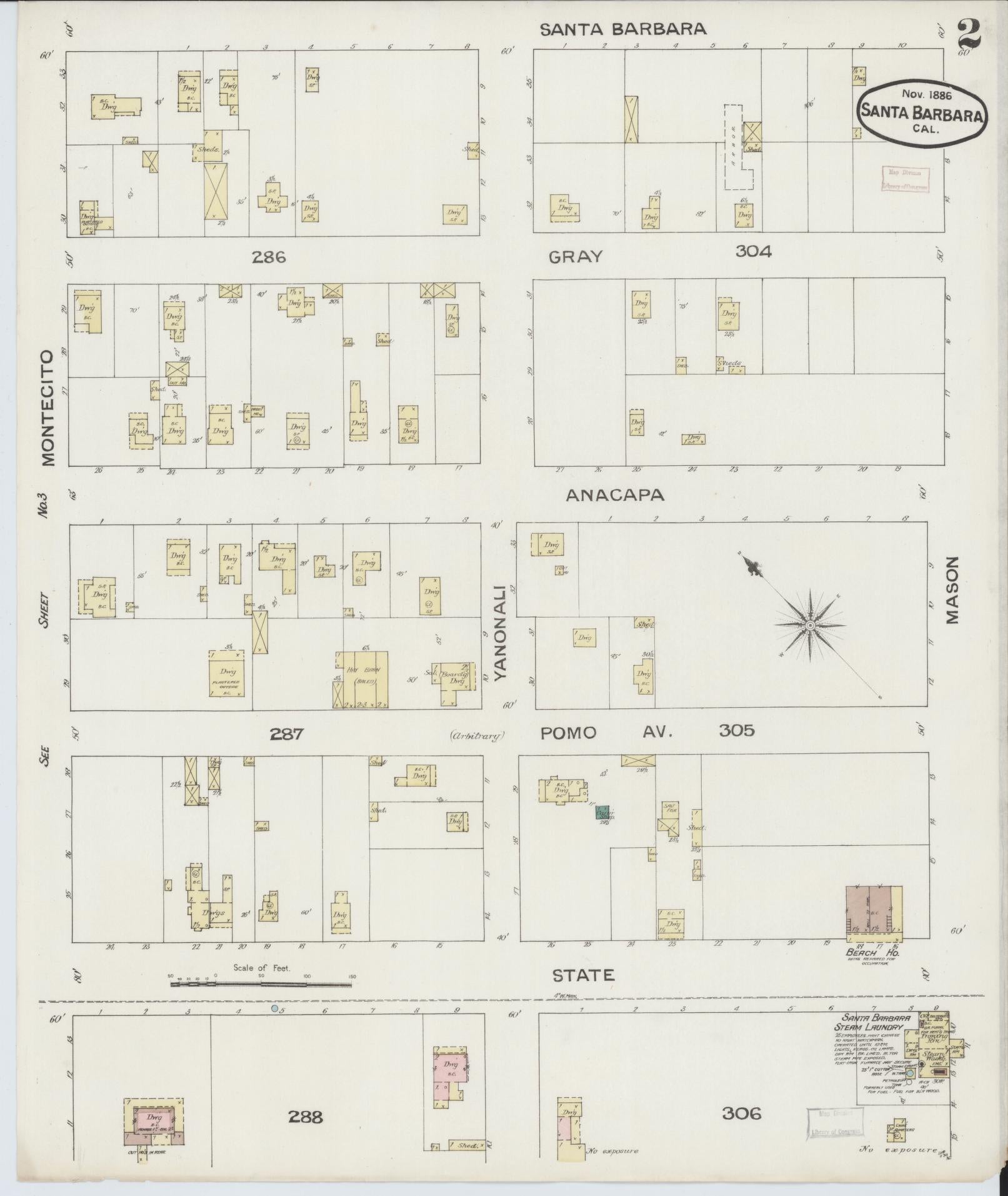 Sanborn Fire Insurance Map from Santa Barbara, Santa Barbara County, California (1886), Sheet #0002 - Complete Map Set gallery image, historic Sanborn map, vintage wall art, California California