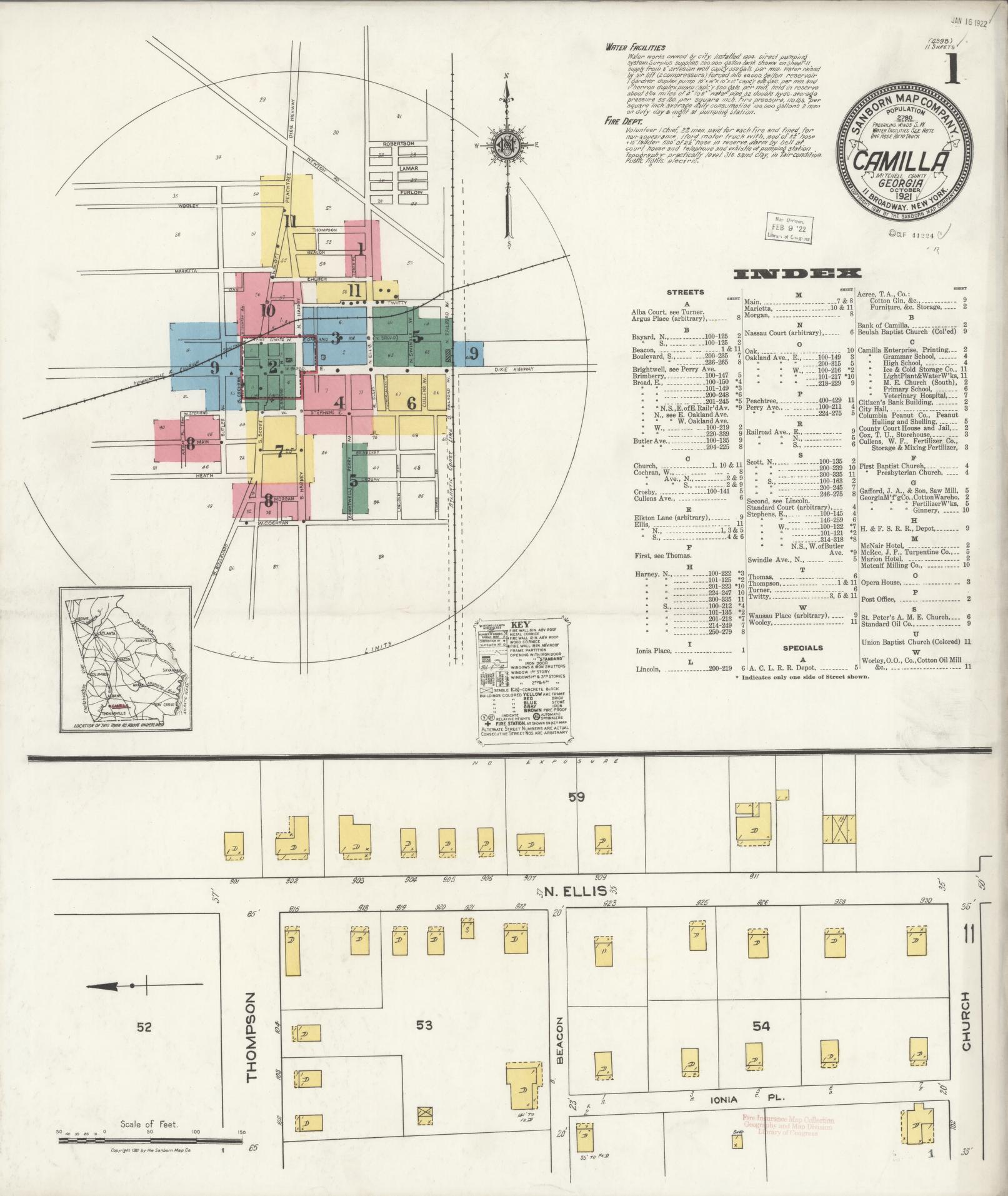 Sanborn Fire Insurance Map from Camilla, Mitchell County, Georgia (1921), Sheet #0001 - Complete Map Set gallery image, historic Sanborn map, vintage wall art, Georgia Georgia