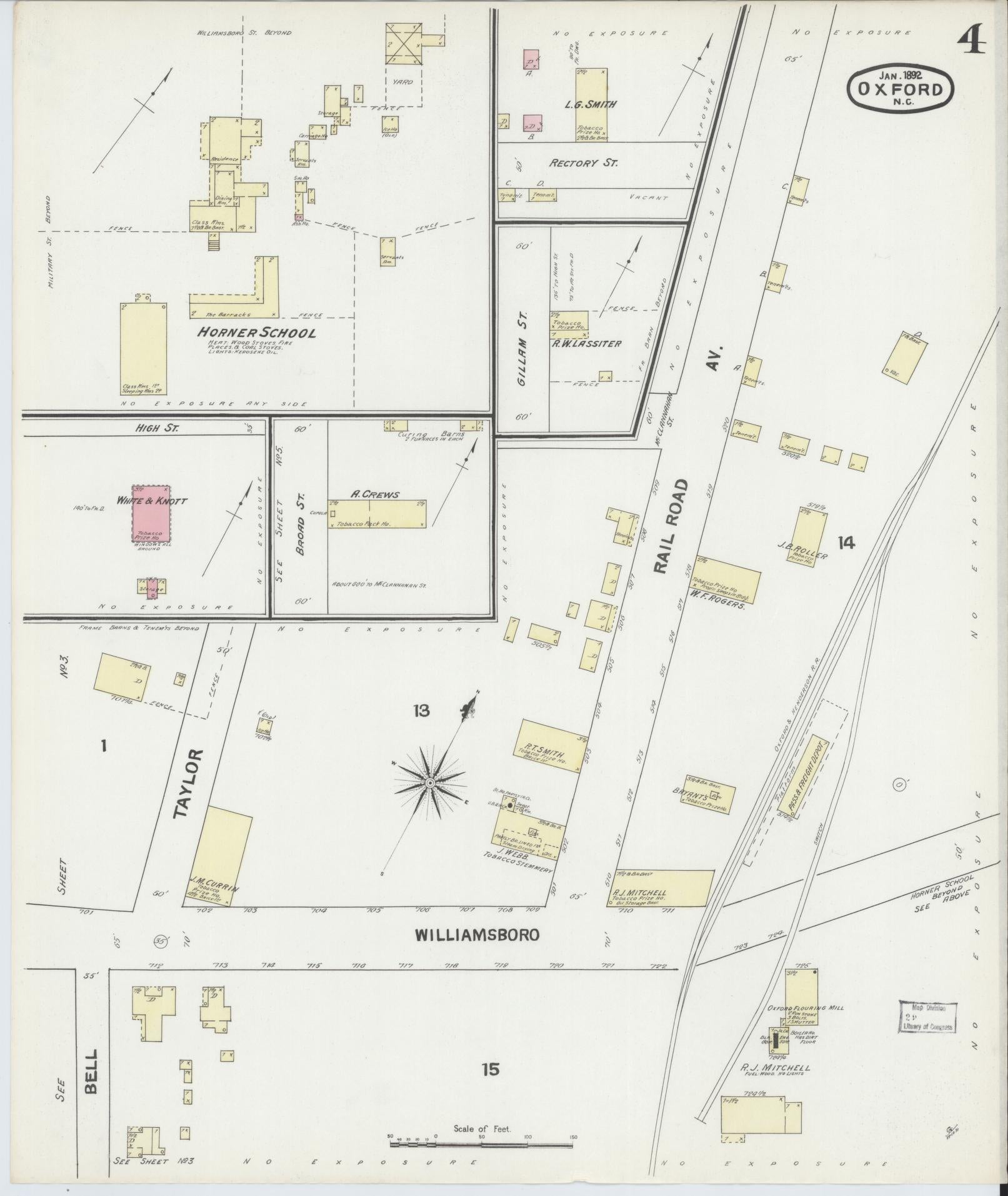 Sanborn Fire Insurance Map from Oxford, Granville County, North Carolina (1892), Sheet #0004 - Historic Sanborn Fire Insurance Map Print, vintage old map wall art, antique decor, genealogy gift, North Carolina North Carolina map