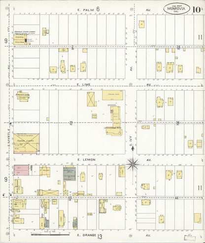 Sanborn Fire Insurance Map from Monrovia, Los Angeles County, California (1907), Sheet #0010 - Historic Sanborn Fire Insurance Map Print, vintage old map wall art, antique decor, genealogy gift, California California map