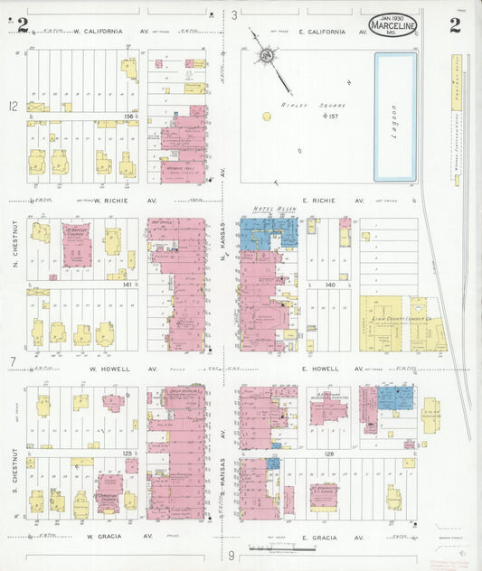 Sanborn Fire Insurance Map from Marceline, Linn County, Missouri (1930), Sheet #0002 - Historic Sanborn Fire Insurance Map Print, vintage old map wall art, antique decor, genealogy gift, Missouri Missouri map