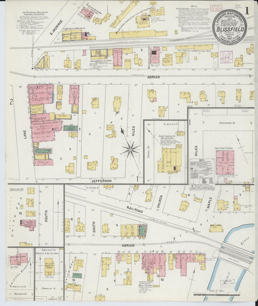 Sanborn Fire Insurance Map from Blissfield, Lenawee County, Michigan (1907), Sheet #0001 - Historic Sanborn Fire Insurance Map Print, vintage old map wall art, antique decor, genealogy gift, Michigan Michigan map