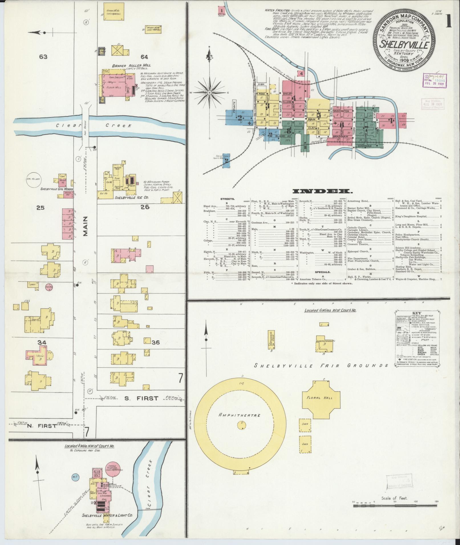 Sanborn Fire Insurance Map from Shelbyville, Shelby County, Kentucky (1909), Sheet #0001 - Historic Sanborn Fire Insurance Map Print, vintage old map wall art, antique decor, genealogy gift, Kentucky Kentucky map