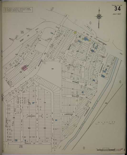 Sanborn Fire Insurance Map from Kansas City, Wyandotte County, Kansas (1957), Sheet #0034 - Historic Sanborn Fire Insurance Map Print, vintage old map wall art, antique decor, genealogy gift, Kansas Kansas map