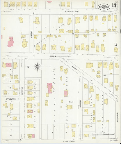 Sanborn Fire Insurance Map from New Castle, Henry County, Indiana (1908), Sheet #0013 - Historic Sanborn Fire Insurance Map Print, vintage old map wall art, antique decor, genealogy gift, Indiana Indiana map