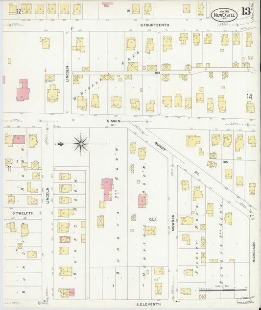 Sanborn Fire Insurance Map from New Castle, Henry County, Indiana (1908), Sheet #0013 - Historic Sanborn Fire Insurance Map Print, vintage old map wall art, antique decor, genealogy gift, Indiana Indiana map
