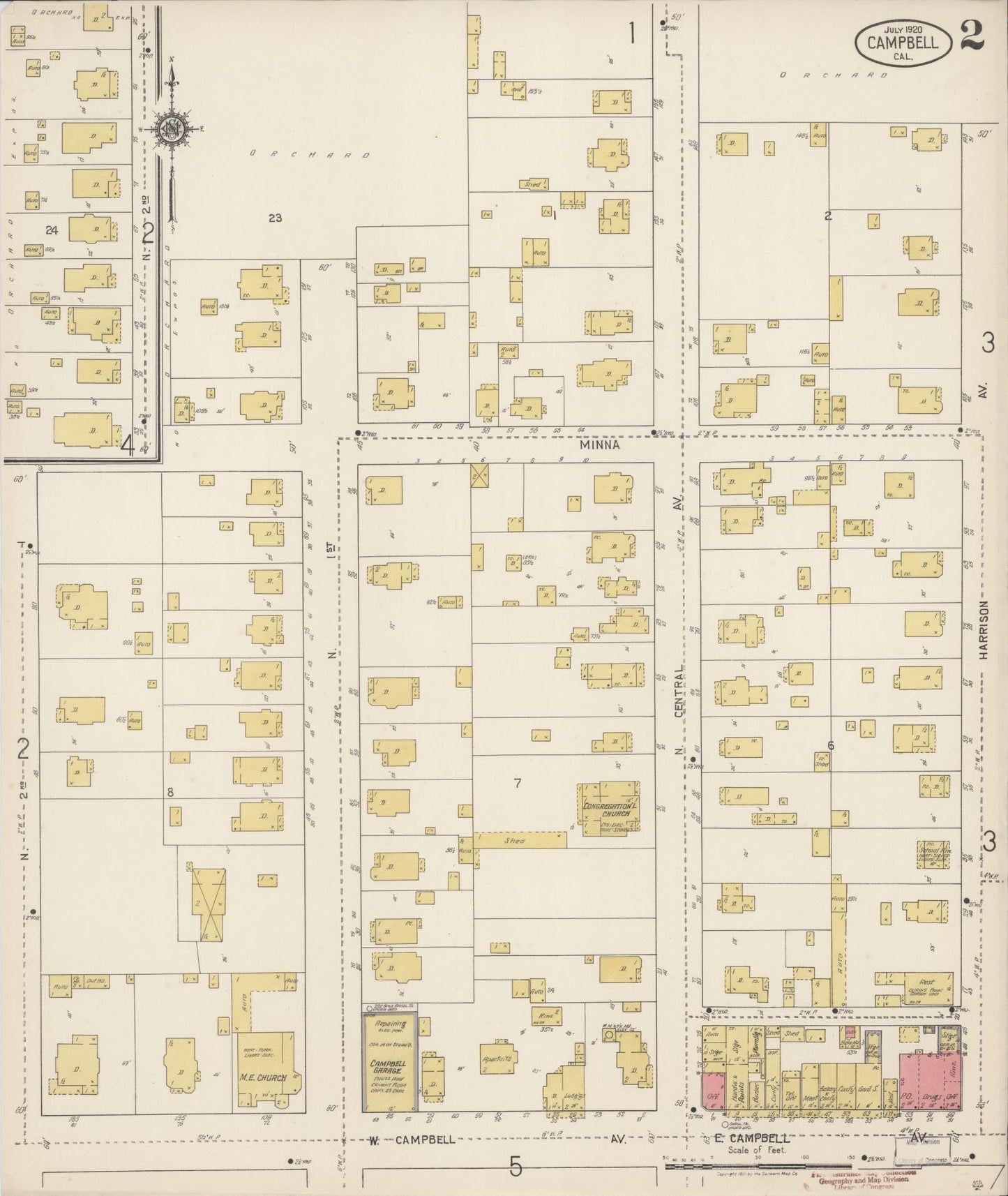 Sanborn Fire Insurance Map from Campbell, Santa Clara County, California (1920), Sheet #0002 - Historic Sanborn Fire Insurance Map Print, vintage old map wall art, antique decor, genealogy gift, California California map