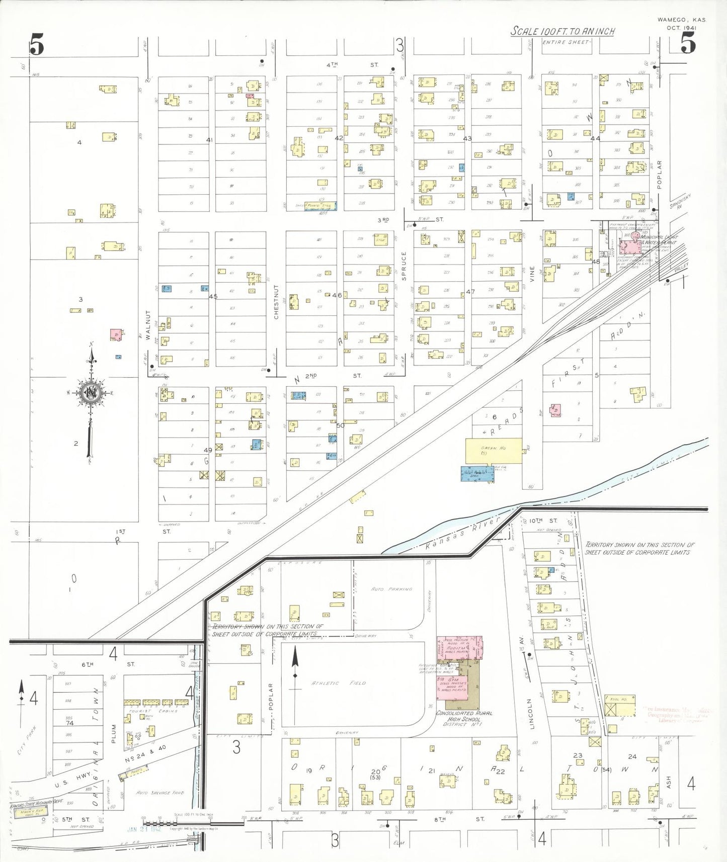Sanborn Fire Insurance Map from Wamego, Pottawatomie County, Kansas (1941), Sheet #0005 - Historic Sanborn Fire Insurance Map Print, vintage old map wall art, antique decor, genealogy gift, Kansas Kansas map