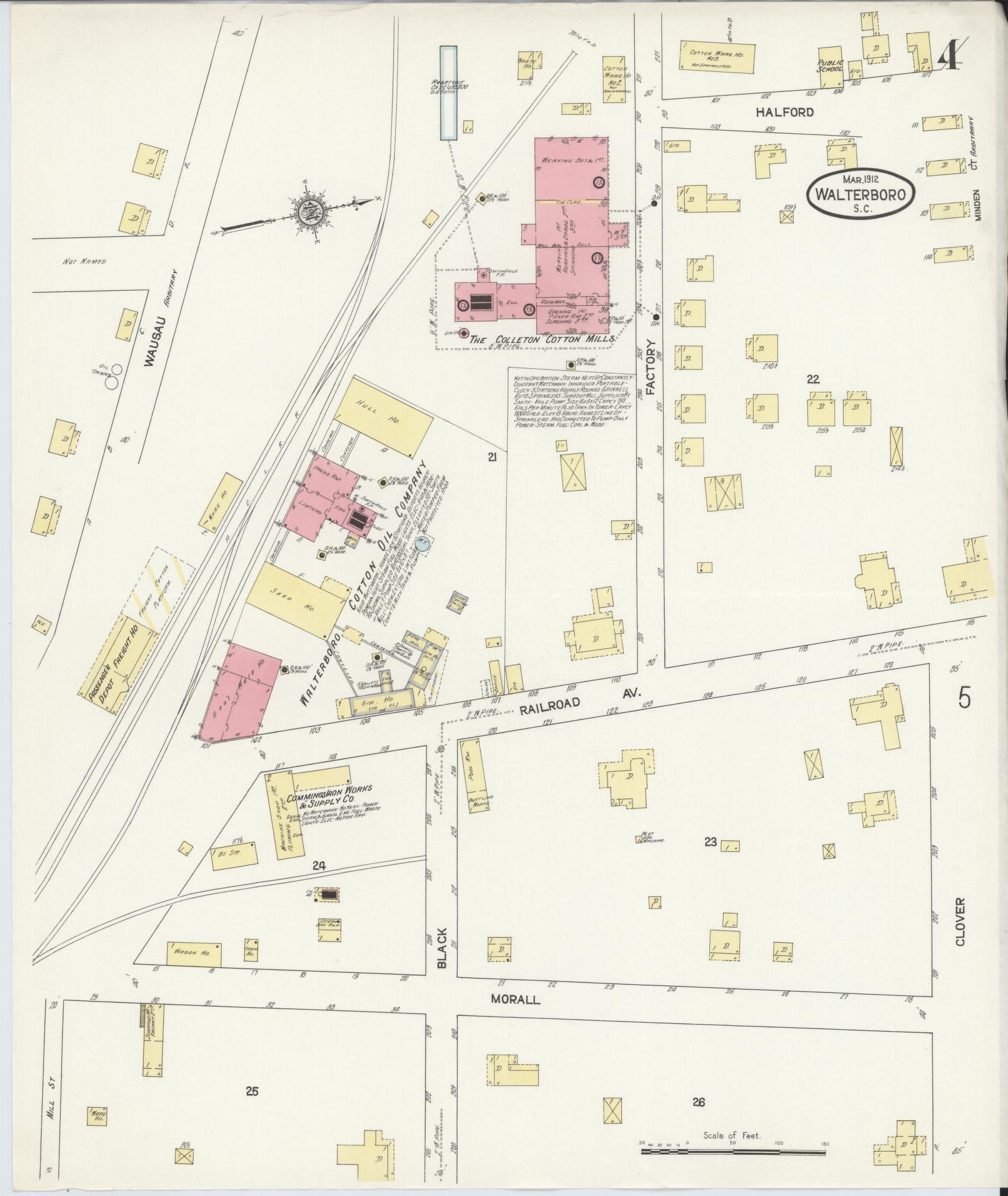 Sanborn Fire Insurance Map from Walterboro, Colleton County, South Carolina (1912), Sheet #0004 - Complete Map Set gallery image, historic Sanborn map, vintage wall art, South Carolina South Carolina