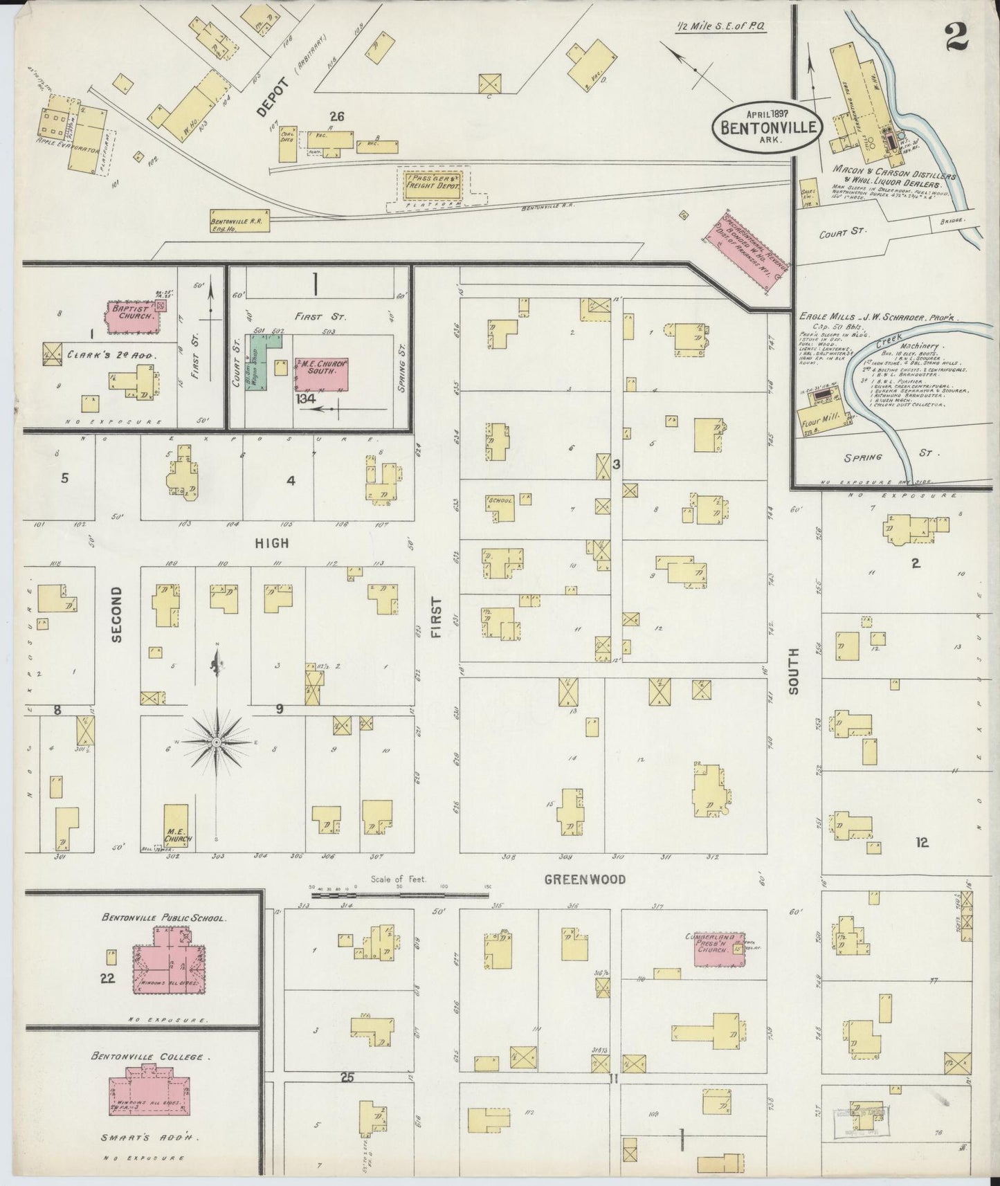 Sanborn Fire Insurance Map from Bentonville, Benton County, Arkansas (1897), Sheet #0002 - Complete Map Set gallery image, historic Sanborn map, vintage wall art, Arkansas Arkansas