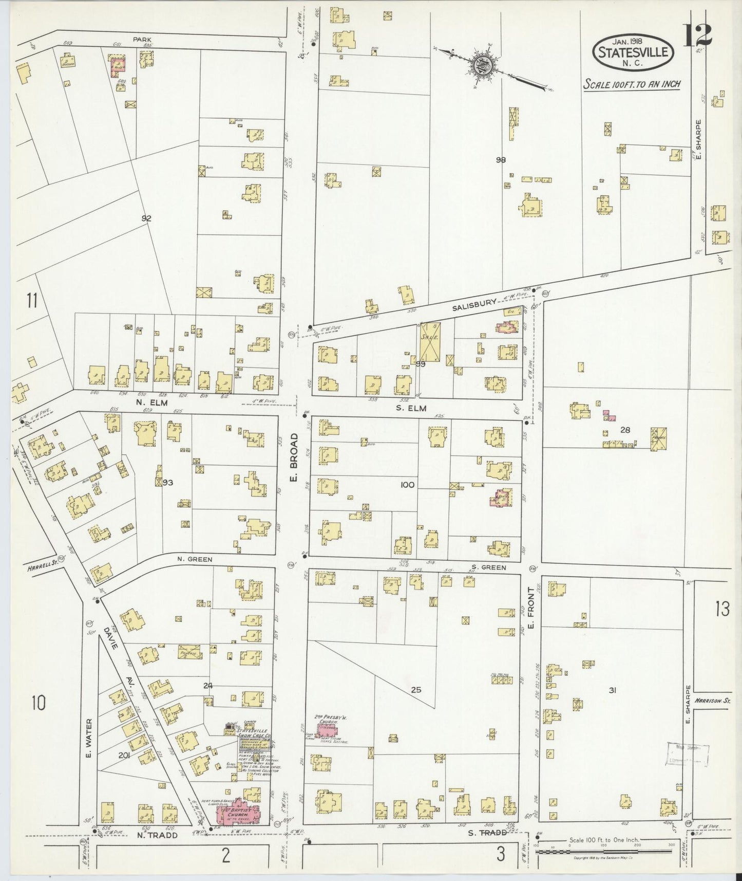 Sanborn Fire Insurance Map from Statesville, Iredell County, North Carolina (1918), Sheet #0012 - Complete Map Set gallery image, historic Sanborn map, vintage wall art, North Carolina North Carolina