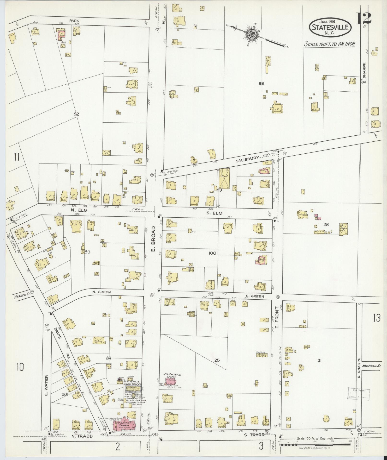 Sanborn Fire Insurance Map from Statesville, Iredell County, North Carolina (1918), Sheet #0012 - Complete Map Set gallery image, historic Sanborn map, vintage wall art, North Carolina North Carolina