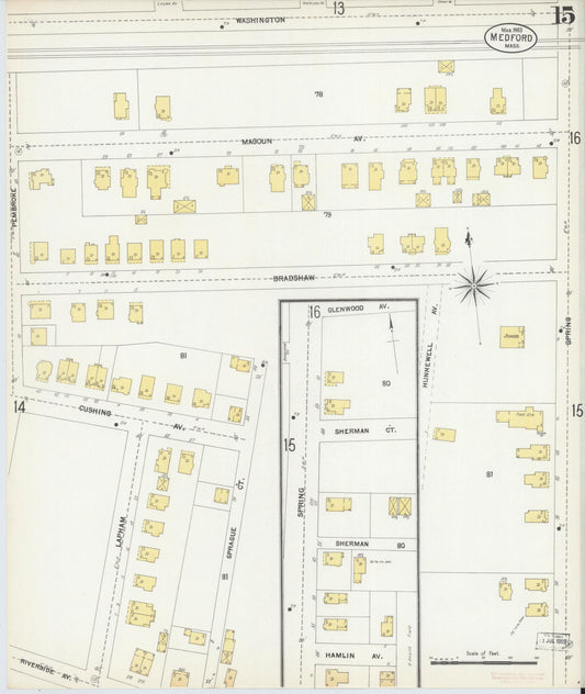 Sanborn Fire Insurance Map from Medford, Middlesex County, Massachusetts (1903), Sheet #0015 - Historic Sanborn Fire Insurance Map Print, vintage old map wall art, antique decor, genealogy gift, Massachusetts Massachusetts map