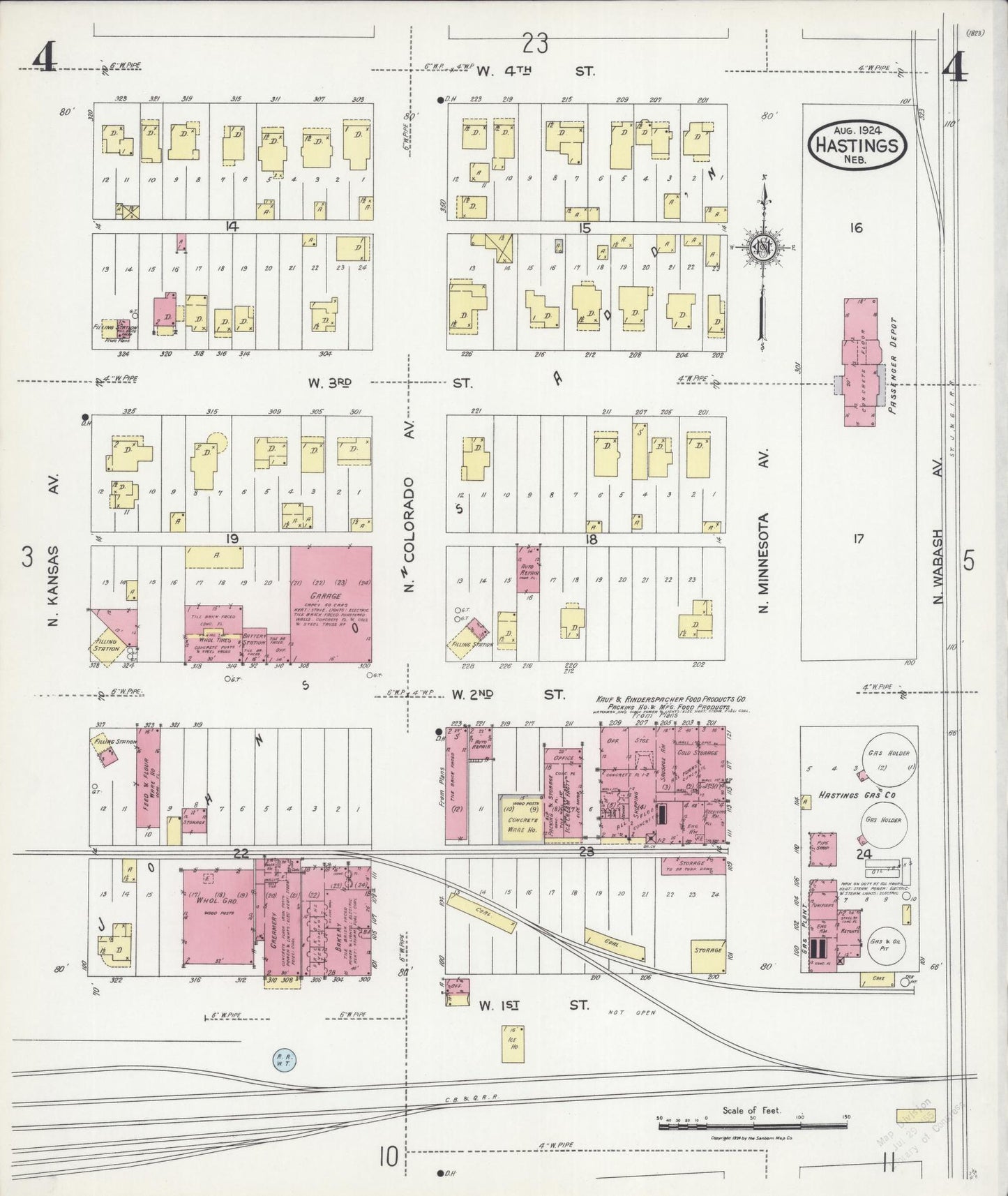 Sanborn Fire Insurance Map from Hastings, Adams County, Nebraska (1924), Sheet #0004 - Historic Sanborn Fire Insurance Map Print, vintage old map wall art, antique decor, genealogy gift, Nebraska Nebraska map