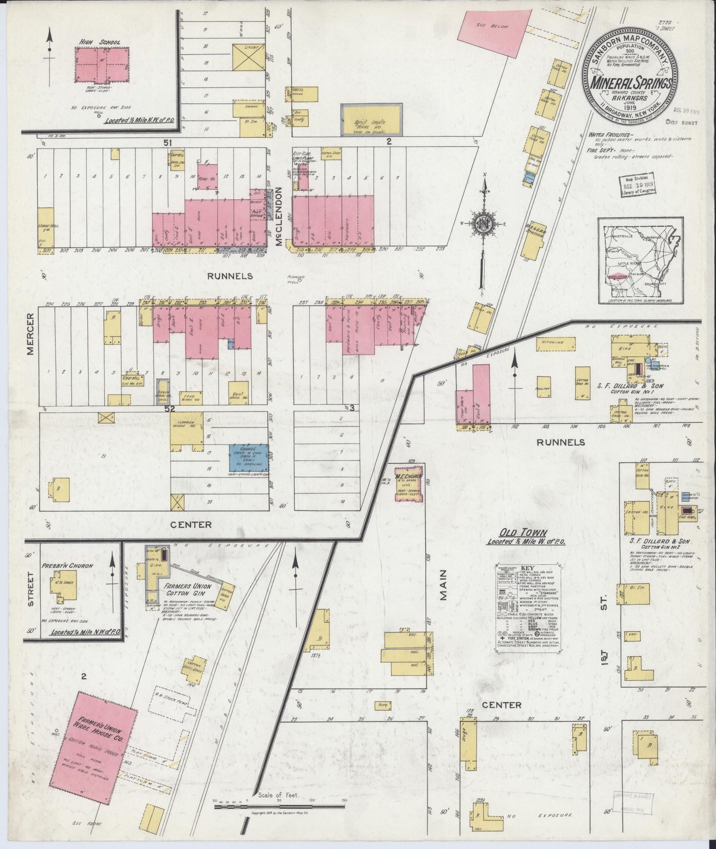 Sanborn Fire Insurance Map from Mineral Springs, Howard County, Arkansas (1919), Sheet #0001 - Historic Sanborn Fire Insurance Map Print, vintage old map wall art, antique decor, genealogy gift, Arkansas Arkansas map