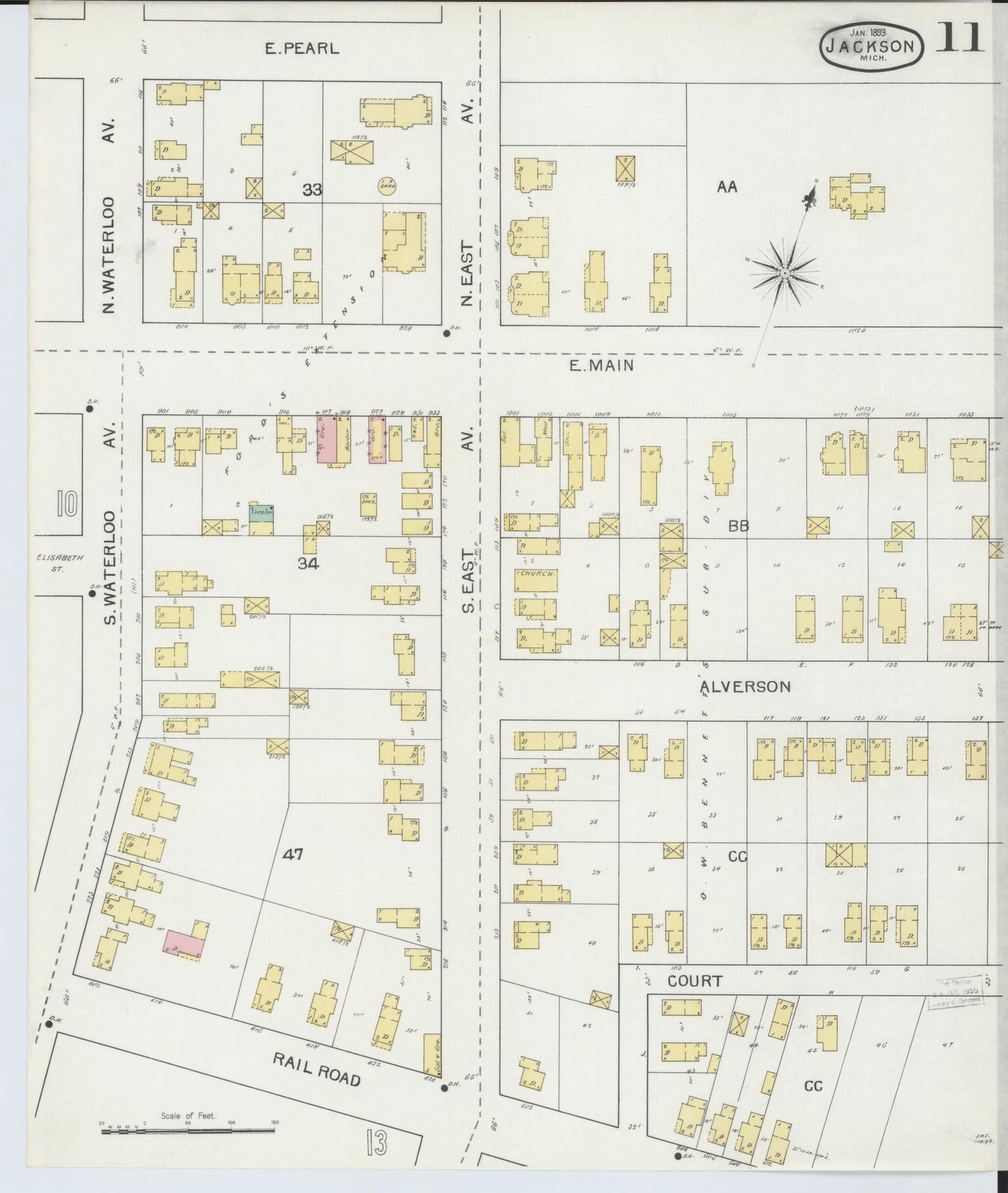 Sanborn Fire Insurance Map from Jackson, Jackson County, Michigan (1893), Sheet #0011 - Historic Sanborn Fire Insurance Map Print, vintage old map wall art, antique decor, genealogy gift, Michigan Michigan map