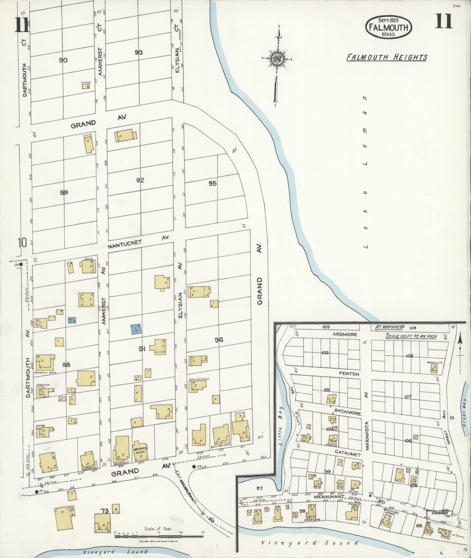 Sanborn Fire Insurance Map from Falmouth, Barnstable County, Massachusetts (1923), Sheet #0011 - Historic Sanborn Fire Insurance Map Print, vintage old map wall art, antique decor, genealogy gift, Massachusetts Massachusetts map