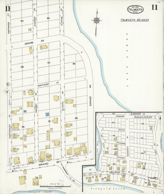 Sanborn Fire Insurance Map from Falmouth, Barnstable County, Massachusetts (1923), Sheet #0011 - Historic Sanborn Fire Insurance Map Print, vintage old map wall art, antique decor, genealogy gift, Massachusetts Massachusetts map
