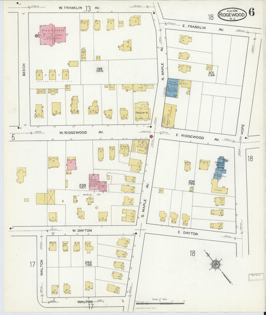 Sanborn Fire Insurance Map from Ridgewood, Bergen County, New Jersey (1916), Sheet #0006 - Historic Sanborn Fire Insurance Map Print, vintage old map wall art, antique decor, genealogy gift, New Jersey New Jersey map