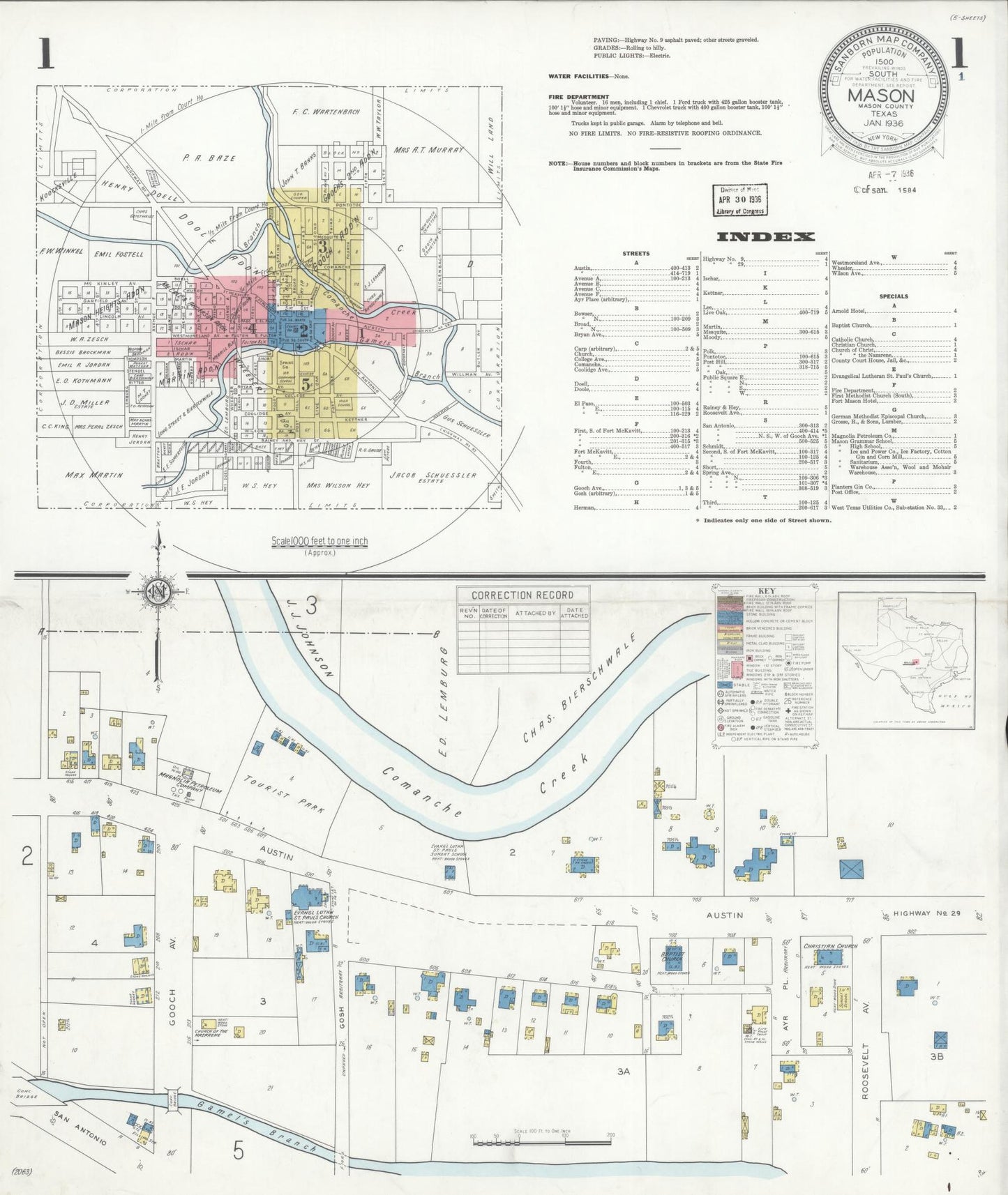 Sanborn Fire Insurance Map from Mason, Mason County, Texas (1936), Sheet #0001 - Historic Sanborn Fire Insurance Map Print, vintage old map wall art, antique decor, genealogy gift, Texas Texas map
