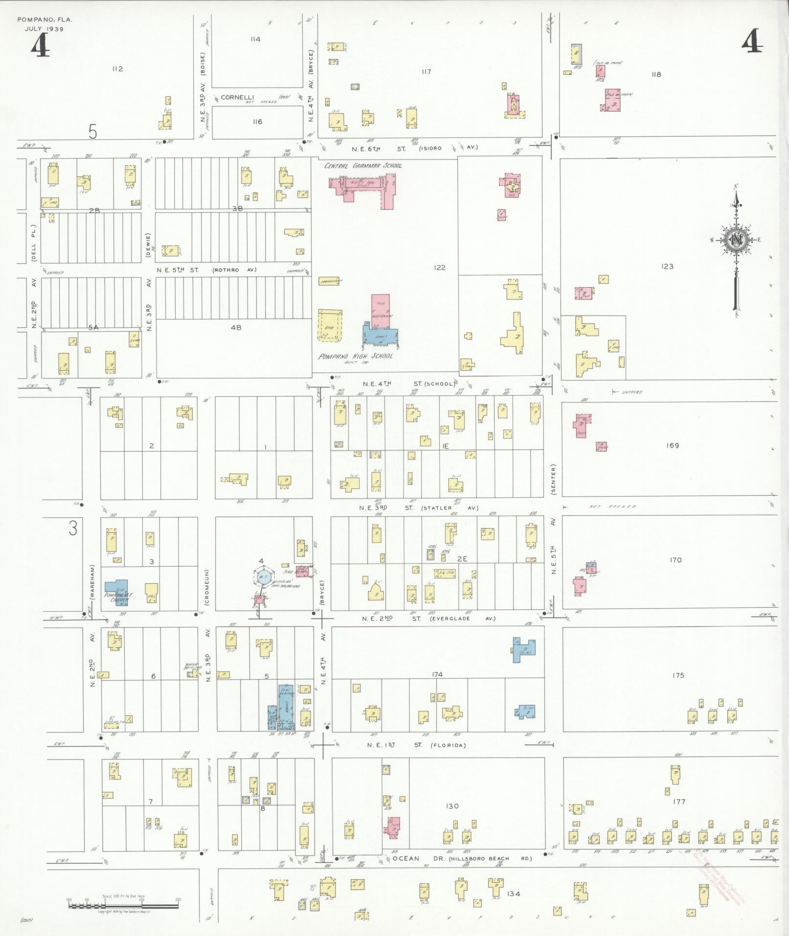 Sanborn Fire Insurance Map from Pompano, Broward County, Florida (1939), Sheet #0004 - Historic Sanborn Fire Insurance Map Print, vintage old map wall art, antique decor, genealogy gift, Florida Florida map