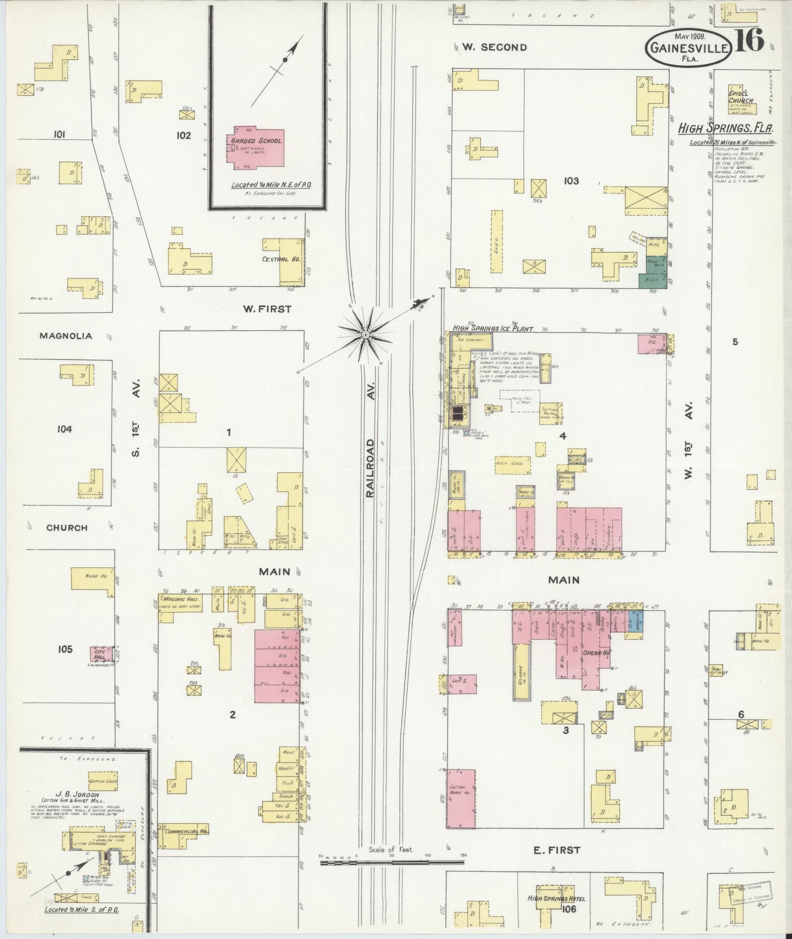 Sanborn Fire Insurance Map from Gainesville, Alachua County, Florida (1909), Sheet #0016 - Complete Map Set gallery image, historic Sanborn map, vintage wall art, Florida Florida