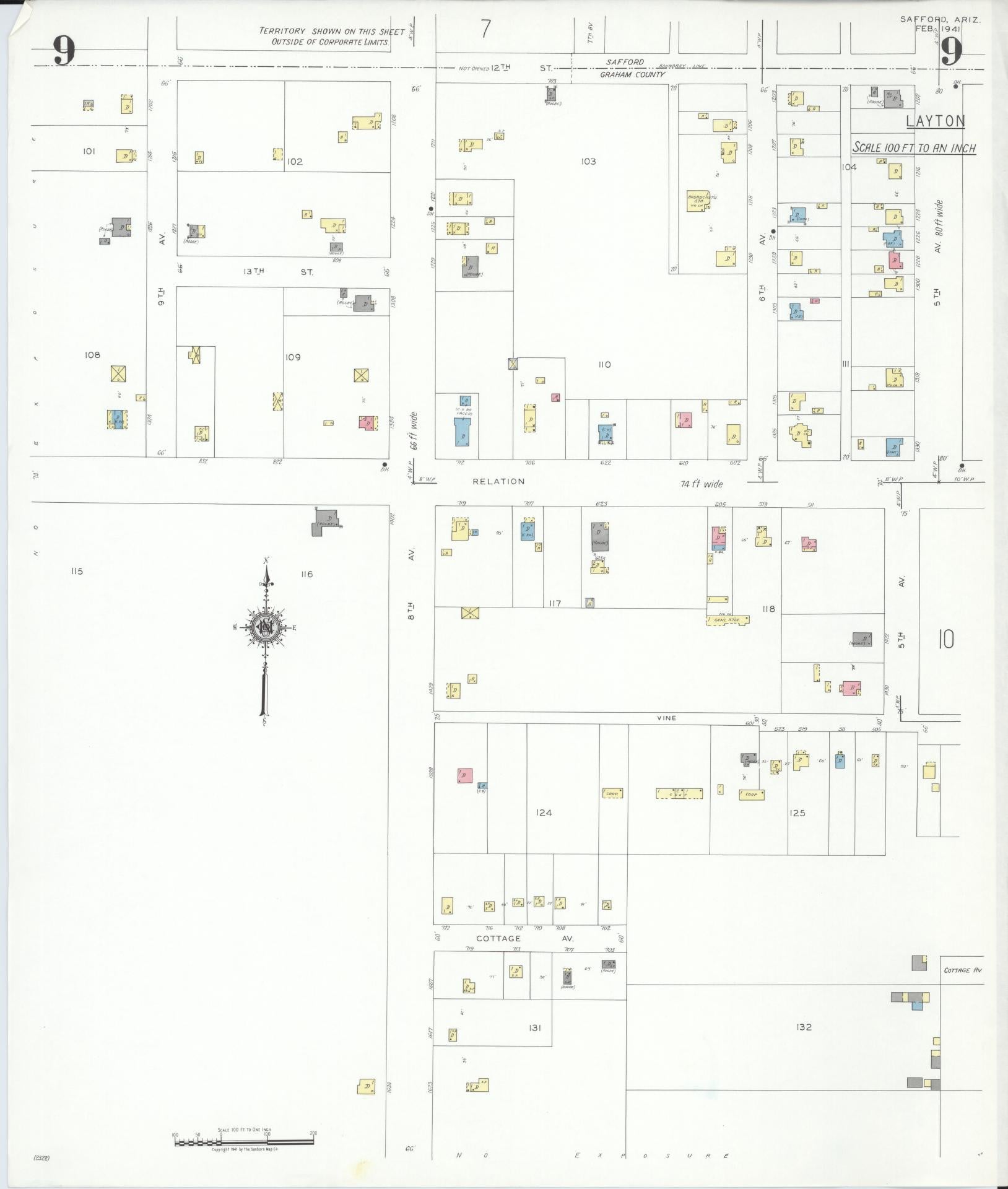 Sanborn Fire Insurance Map from Safford, Graham County, Arizona (1941), Sheet #0009 - Complete Map Set gallery image, historic Sanborn map, vintage wall art, Arizona Arizona