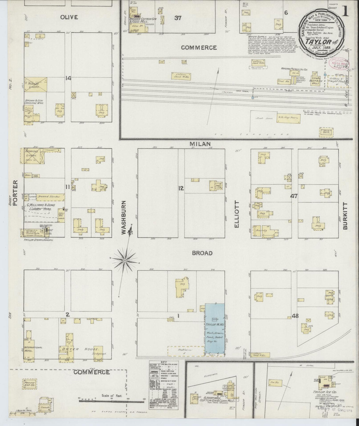 Sanborn Fire Insurance Map from Taylor, Williamson County, Texas (1889), Sheet #0001 - Complete Map Set gallery image, historic Sanborn map, vintage wall art, Texas Texas